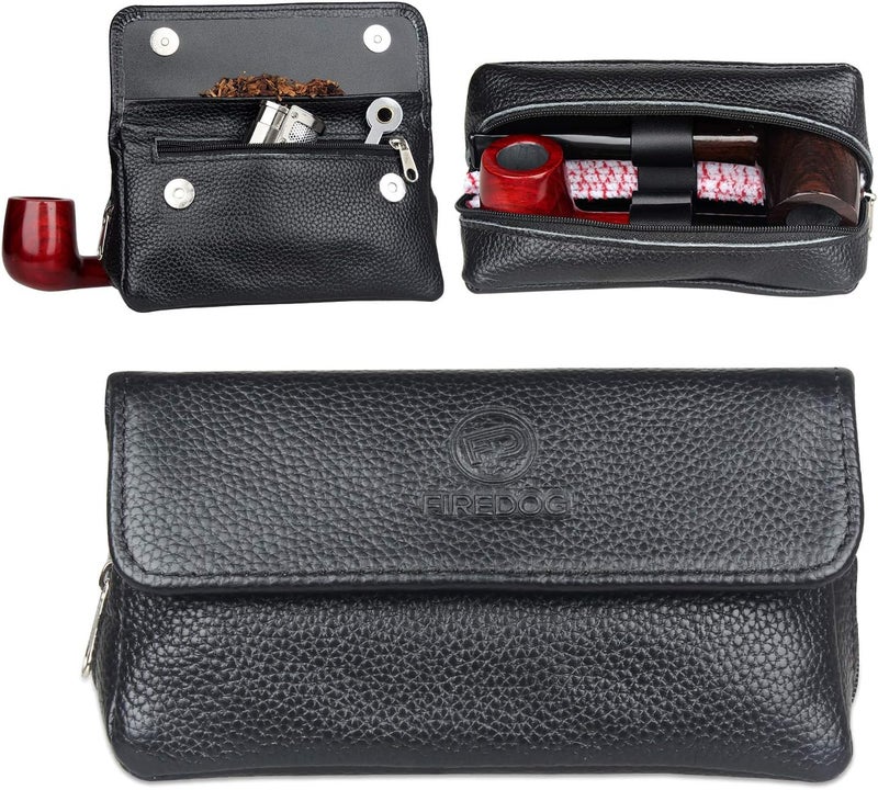 FIREDOG Leather Smoking Pipe Bag Pouch Case for 2 Pipes (Black) - Image 1